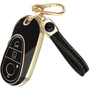 lot 16295 image: Lucrum Compatible with Mercedes Benz Key Fob Cover & Leather Keychain - TPU Keyfob Case for A C CLA CLS E G GLA GLE S-Class (2022-2025) - Black and Gold