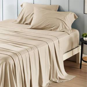 lot 19349 image: Bedsure California King Sheet Sets, Cooling Sheets for Hot Sleepers, Rayon Derived from Bamboo, Deep Pocket Up to 16 Inches, PureWoven, Breathable & Soft, Hotel Luxury Silky Bedding, Beige
