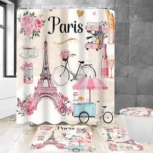 lot 19351 image: Chrainy 4Pcs Paris Eiffel Tower Shower Curtain Sets Bathroom Set Decor with Non-Slip Rugs Bath U-Shaped Mat Toilet Lid Cover Waterproof Pink Romantic Bathroom Curtains Shower Set with 12 Hooks