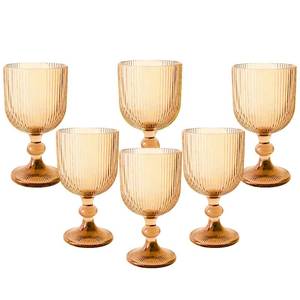 lot 19352 image: Vintage Wine Glasses Set of 6, 11 Ounces Colored Glass Water Goblets, Colorful Unique Embossed Pattern High Clear Stemmed Glassware Wedding Party Bar Glass Drinking Cups Vertical Line Gold Amber