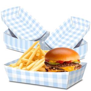 lot 19361 image: No Folding Required 50 Pack 2Lb Light Blue and White Gingham Plates Paper Trays Grease Resistant Large Snack Serving Trays Disposable Food Boats for Baby Shower Wedding Tea Party Supplies
