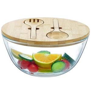 lot 19363 image: JOYMAY Glass Salad Bowl, 10.7inch Salad Bowl with Lid Thick Glass Mixing Bowls Serving Bowls, 4.7 Quart Large Salad Bowls with Bamboo Utensils, Trifle Bowl Fruit Bowl for Salad, Pasta, Microwave Safe