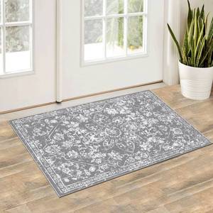 lot 19364 image: Pauwer Vintage Flower 2x3 Rug Distressed Entryway Non-Slip Low-Pile Doormat Indoor Small Retro Entrance Washable Grey Carpet for Bedroom Kitchen