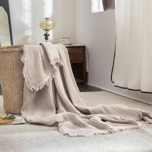 lot 19388 image: FOSSA Muslin Blanket with Fringe - 4-Layer 100% Cotton Gauze Super Soft & Breathable Throw -Lightweight Decorative Cooling Blanket for Bed, Sofa, Office -Twin XL Size 90 � 66 (Beige Gray)