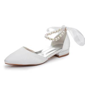 lot 19393 image: Pearls Lover Womens Pearl Satin Wedding Shoes Pointed Toe Comfortable Bridal Flats Formal Prom Party Dress Pumps Ankle Strap Sandals H02SBDL-Ivory-42