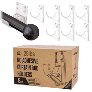 lot 19409 image: No Adhesive Heavy Duty Curtain Rod Holders with Wide Hook, 5X Stronger Than Adhesive Curtain Rod Hooks,Tension Curtain Rod Bracket for Wall with Pin Guide, Curtain Wall Mount (8 Pack, for 1.25 Rods)