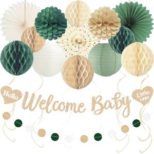 lot 20164 image: Sage Green Baby Shower Decorations Boy, Pre-Strung Welcome Baby Sign with Honeycomb Balls, Paper Flowers, Lanterns, Fans, Hanging Swirls, Circle Dots Garland for Boy Baby Shower Decorations 24pcs