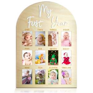 lot 20165 image: One Year Birthday Wooden Photo Board My First Year Milestone Photo Board 12 Monthly Picture Frame Baby First year Wood Acrylic Sign 1st Birthday Decorations Baby Keepsake Gift (2 x 3 photos - Wallet Size)