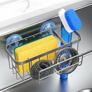lot 20179 image: HOKEMOM 3-in-1 Kitchen Sink Caddy Organizer with Sponge Holder, Brush Holder, Extra Rack for Scrubber, Sink Stopper, Dish Cloth Hanger - Strong Dual Suction Cup, 2.0mm SUS304 Stainless Steel - Silver