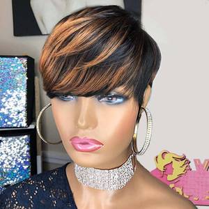 lot 20214 image: VRZ Pixie Cut Wig Human Hair for Women Highlight Brown Short Straight Wigs 100% Real Human Hair With Bangs Glueless Brazilian Virgin Natural Looking for Daily Wear