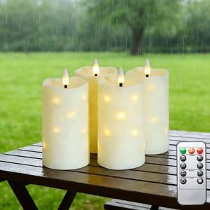lot 1828 image: Lezonic Flameless Waterproof Outdoor Candles with Flickering Dancing Flame, 4Pcs Battery Operated Candles with Remote, Ivory LED Pillar Built-in String Lights for Patio Wedding Decor, 3.25 x 6