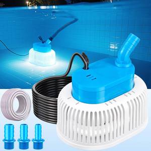 lot 1864 image: Pool Cover Pump with Lights, Above Ground Sump Pump Submersible, Sump Pumps for Pool Draining, Water Removal Pumps with 16ft Drainage Hose & 25 ft Extra Long Power Cord,850 GPH,4 Adapters-Light Blue