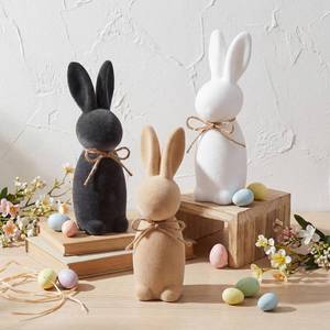 lot 1872 image: JolliLudo 3 Pcs Easter Bunny Decorations Flocked Bunnies Figurine with Bow Tie Flocking Rabbit Tabletop Ornament for Easter Spring Signs Centerpieces for Farmhouse Home Decor (Black Brown White,8.66)