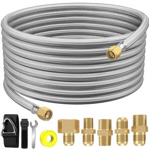 lot 1874 image: 24Ft High Pressure Braided Propane Hose Extension and fittings with Conversion Coupling 38 Flare to 12 Female NPT, 14 Male NPT, 38 Male Flare for BBQ Grill, Fire Pit, Heater
