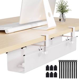 lot 1878 image: Under Desk Cable Management Tray 27.2 - No Drill Computer Wire Organizer Cable Tray, Cord Hider Clamp Mount with 16X Cable Ties PC Cables Management Cord Holder for OfficeHome (Upgrade Fabric,White)