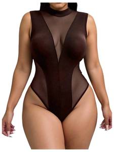 lot 2299 image: OYOANGLE Womens Plus Size See Through Mesh Insert Bodysuit Sleeveless Mock Neck Leotard Tops Coffee Brown 3X-Large Plus