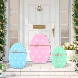 lot 2303 image: GlikCeil 3 Pcs Easter Wooden Porch Sign Easter Egg Standing Porch Decoration Rustic Welcome Decor for Spring Holiday Outdoor Party Lawn Garden Yard Entryway 12, 16, 21