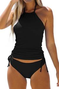 lot 2351 image: Beachsissi Womens Bathing Suit Solid Color Drawstring Side Halter Neck Tankini Set, Solid Black, M