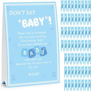 lot 2355 image: ZJJZGYXINTAI Dont Say Baby Game, Baby Shower Games Boy, 1 Sign and 60 Blue Mini Clothespins, 8 x 11 in Sign, Shower Game Decorations Ideas, Gender Reveal Party Favors