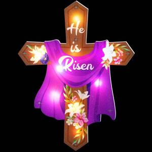 lot 4295 image: Wonderjune 14 Inch Lighted Cross Easter Window Decor He is Risen Cross Sign Decorations Religious Plastic Hanging Decor for Window Easter Christian Decoration