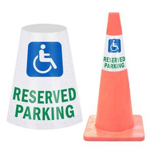 lot 4298 image: Handicap Reserved Parking Cone Sleeve - Wheelchair Accessible High Visibility Safety Traffic Cone Reflective Collar Signs for Parking Lots, Roads, Garages, and Events (Handicap Reserved Parking)