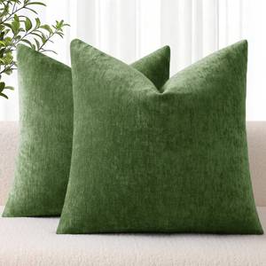 lot 4351 image: decorUhome Chenille Moss Green Throw Pillow Covers 18x18 Inch Set of 2, Decorative Soft Couch Pillow Covers Solid Dyed Accent Farmhouse Neutral Square Pillow Cases for Sofa