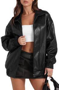 lot 4368 image: Sampeel Black Faux Leather Jacket Women Baggy Oversized Motorcycle Bomber Coats 2025 Fall Going Out Outfits Winter Clothes M