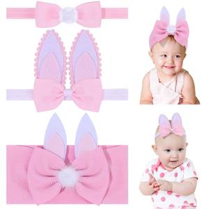 lot 4372 image: PABOBIT Easter Bows for Baby Girls, 3pcs Rabbit Ears Baby Headbands Pink Elastic Newborn Infant Bow Toddler Headband for Girls Hair Accessories Pink Bunny