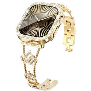 lot 4383 image: KADES Crown Bling Compatible Apple Watch Band for Women 45mm, Stainless Steel Crown Strap with Bling Case & Screen Protector, for Series 987, Dressy Diamond Metal Band, Gold