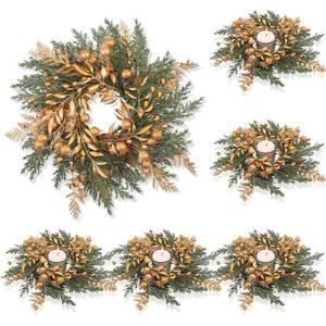 lot 5129 image: Cindeer 6 Pcs Small Christmas Candle Rings Wreaths 8.4 Inch Christmas Kitchen Cabinet Gold Wreaths Artificial Berry Garland Pillar Candle Rings for Centerpiece Table Decorations