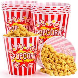 lot 5141 image: Youeon 12 Pack Large Plastic Popcorn Bowls, 95 Oz Reusable Popcorn Containers in Red & White Striped Retro Style, Popcorn Buckets for Movie Night, Theater, Party Theme