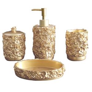 lot 5151 image: Hymmah Gold Bathroom Accessories Set,Rose Design Bathroom Set,Farmhouse Bathroom Decor,4 Pcs Resin Gift Set Apartment Necessities, Contain Cotton Swab Jar,Soap Dispenser,Soap Dish,Tumbler White