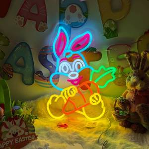 lot 5156 image: Rabbit with Carrot Easter Neon Sign Window Lights Led Bunny Neon Light Easter Decorations Rabbit Light Up Sign for Room Decor Wall Decor Holiday Gift