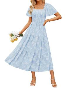 lot 5182 image: ZESICA Women��s Summer Boho Floral Midi Dress 2026 Casual Short Sleeve Square Neck Flowy Beach Vacation Long Dress,Blue,X-Large