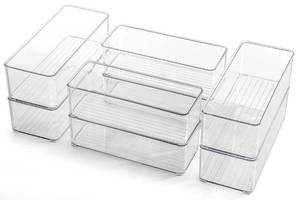 lot 5185 image: Hudgan 8 Pack Clear Plastic Drawer Organizers Set, Stackable Deep Drawer Organizer for Makeup Vanity and Desk, 2 Sizes Tall Bathroom Drawer Organizer