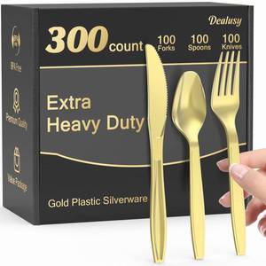 lot 5196 image: Dealusy 300 Count Extra Heavy Duty Gold Plastic Silverware, 100 Forks, 100 Spoons, 100 Knives, BPA-Free, Heat Resistant, Disposable Plastic Utensils Set, Plastic Cutlery Set, Plasticware Bulk