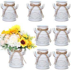 lot 5198 image: Roshtia 8 Pcs 6 Inch Vintage Galvanized Milk Can Vase Spring Farmhouse Metal Vases Milk Jug Vase Decor with Handle Rustic Flowers Buckets for Weddings Table Centerpiece (Retro White)