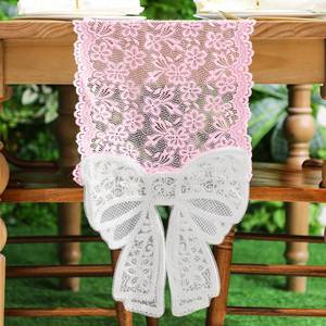 lot 6016 image: Windkream Pink Lace Table Runner with Big Bow Ends 12 x 71 Inch Vintage Rectangle Macrame Embroidered Runner French Style Tablecloth for Wedding Kitchen Dining Table Home Decor