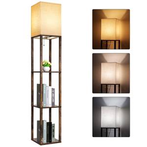 lot 6022 image: RUNTOP Floor Lamp with Shelves, Modern Shelf Lamp for Display Storage, 3 Color Temperature Wood Narrow Standing Corner Lamp with 8W Bulb for Living Room Decor, Bedroom, Office, Home Decor(Brown)