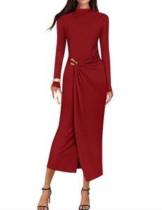 lot 6036 image: ZESICA Womens 2026 Spring Long Sleeve Bodycon Dress Mock Neck Wedding Guest Cocktail Party Long Midi Dresses Red size Medium