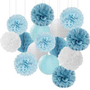 lot 6045 image: Dusty-Blue White Party-Decorations Paper-Flowers Lanterns - 15pcs Birthday Baby Bridal Shower Tissue Pom Poms Streamers Honeycomb, Boy Men Wedding Bachelorette Hanging Supplies Decor Hugfond