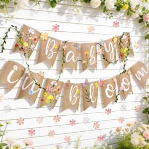 lot 6055 image: OBBOLO Baby in Bloom Baby Shower Burlap Banner, Flower Themed Baby Shower Decorations with Green Leaf String and Artificial petals and little Butterfly Decorations for Girls