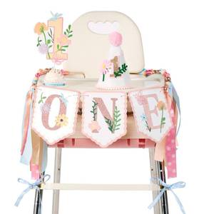 lot 6057 image: OBBOLO Girl 1st Birthday Decorations, Floral High Chair Banner with 1st Birthday Cake Topper and Birthday Hat, Flower Themed First Birthday Party Supplies