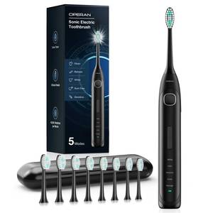 lot 6164 image: Operan Sonic Electric Toothbrush for Adults, Includes 8 Replacement Heads & Travel Case, 40000VPM, 5 Brushing Modes & 3 Intensities, 100-Day Battery Life, IPX7 Waterproof, Smart Timer (Black,1Pack)