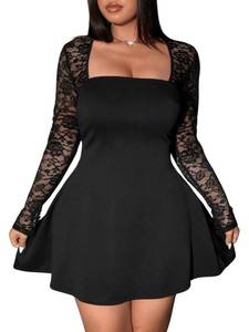 lot 6182 image: Floerns Womens Plus Size Contrast Lace Sheer Long Sleeve A Line Dress Square Neck Mini Dresses Black Large Plus