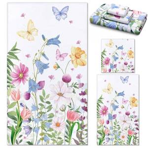 lot 6189 image: Preboun 3 Pack Floral Hand Towels Spring Bathroom Towels Set Watercolor Wildflower Hand Towels Butterfly Bath Towels Plant Leaves Dish Towels for Bathroom Kitchen Hotel Gym Spa