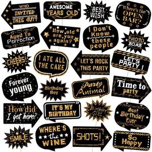 lot 6202 image: Outus 24 Pieces Photo Booth Props Birthday with Stick Happy Birthday Weddings Graduation Prom Bday Wedding New Year Party Supplies Funny Photo Booth Pose Signs Selfie for Men Women(White, Gold)