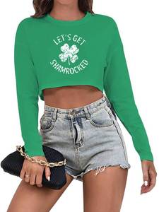 lot 6223 image: St. Patricks Day Shirt Women Irish Crop Top Lets Get Shamrocked Shirt Shamrock Graphic Crewneck Long Sleeve Crop Tops (Green1,L)