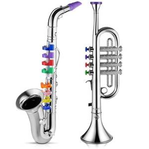 lot 11336 image: Lewtemi Set of 2 Musical Instruments Include Toy Trumpet and Saxophone Set Plastic Trumpet Educational Christmas Toy Home School Music Gift, Color Keys(Silver)