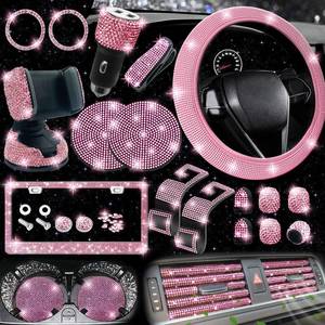lot 11340 image: NBTEPEM 27-Piece Bling Car Accessories Set - Universal Fit Steering Wheel Covers, License Plate Frames, Phone Holder, Car Fast Charger, Coasters (Pink)(Only Steering Wheel Cover)